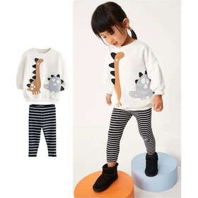 Resim Lolliboomkids Kız Çocuk 3d Boyutlu Dikenli Dinozor Nakışlı Desenli Kışlık Pamuklu Sweatshirt Tayt Alt-üst Takım Gri Ekru Gri - Ekru 