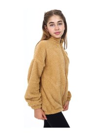 Resim Toontoy Kız Çocuk Dik Yaka Fermuarlı Cepli Düşük Omuz Nakış Baskılı Peluş Hırka Kahverengi 