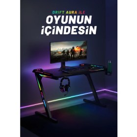Resim Drift Aura Rgb Işıklı Oyuncu Masası 120×60 cm – Metal Ayaklı, Aksesuar Askılı 