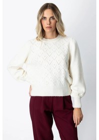Resim On Fashion Kadın İncili Baklava Desenli Ekru Kazak 63316 Ekru 