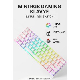 Resim vooka Mini Rgb Gaming Mekanik Klavye 62 Tuş Red Switch USB Type-C Kablolu Kompakt Oyuncu Klavyesi Rgb Işıklı Gaming Klavye Laptop Pc Uyumlu Mini Mekanik Klavye Beyaz Gaming Keyboard 