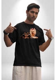 Resim Yorkshire Teacup Ve Anne Köpek Pamuklu Bisiklet Yaka Unisex Oversize Boyfriend Dijital Baskılı Siyah T-shirt Siyah 