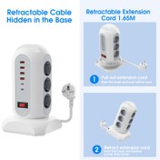 Resim EU Standartlı 9 Prizli Şarj Ünitesi, 4 USB + 2 Type-C, Ağır Hizmet Tipi Dikey Şarj İstasyonu - Aşırı Yük ve Kısa Devre Korumalı Anahtar, 1.65m Uzunluğunda Güç Kablosu, Ev Ofis Yatak Odası Oturma Odası için Uygun - Akıllı Telefonlar, Tabletler, Laptoplar, Yazıcılar için Çoklu Cihaz Şarj Çözümü, Yer Tasarrufu Sağlayan Tasarım, Dayanıklı Yapım, Hızlı Şarj Hub 