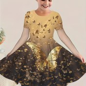 Resim Kızlar için Yazlık Altın Kısa Kollu Prenses Elbisesi Kelebek Desenli, Gençler için Günlük Polyester Parti Elbisesi 