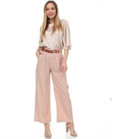 Resim Bluence Beli Kemerli Bol Paça Pembe Pantolon Açık Pembe 