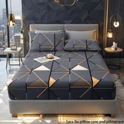 Resim 1 adet Modern Geometrik Desenli Polyester Uyumlu Çarşaf Tek Parça Seti Çift/Queen/King Yataklar için - Derin Gri ve Altın Tasarım, Kırışmaz Lüks Yatak Etekleri, Kadife Yumuşak Dokunuş ve Şık Ortam İçin Yastık Çekirdeği ve Yastık Kılıfı Yok 