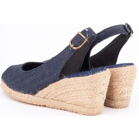 Resim Gerçek Elişi Burnu Açık Arkası Bantlı Dolgu Topuk Kot Mavi Keten Hasır Espadril Handmade Mavi 