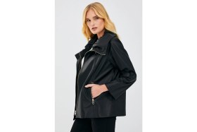Resim Derimod Felicita Kadın Siyah Oversize Deri Ceket 23SGD5089FH 