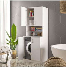Resim Ars Grup Mobilya Çamaşır Makinesi Dolabı Banyo Dolabı Raflı Kapaklı Model Beyaz 