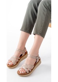 Resim 730-138 Bej Örgü Hakiki Deri Ortopedik Taban Kadın Sandalet Bej 