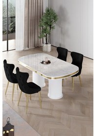 Resim Canisa Galya Serisi Lak Panel 90x168 Sabit Beyaz Mermer Desen Mutfak Masa Takımı 4 Siyah Sandalye Beyaz Mermer Desen Masa Siyah Sandalye 
