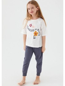 Resim Kız Çocuk Kısa Kollu Çiçekli Pijama Takım-12637 Beyaz 