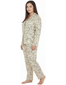 Resim Bravie Luxury Soft Ekru Çizgi Desenli Uzun Kollu Kadın Pijama Takımı Büyük Beden 3015 Ekru 