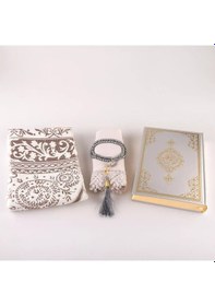 Resim Şal + Seccade + Tesbih + Kuran Hediye Seti Orta Boy, Ekonomik Cilt, Gri 