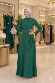 Resim Ayşe Tesettür Tesettür Elbise Elif Taş Detaylı Drapeli Uzun Tesettür Abiye Elbise - Zarif ve Şık Tasarım 