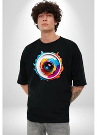 Resim Fotoğraf Makinesi Camera Lens Pamuklu Bisiklet Yaka Unisex Oversize Boyfriend Dijital Baskılı Siyah T-shirt Siyah 