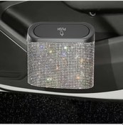 Resim Xuweiwei White Rhinestone Otomatik Kapaklı Multifonksiyonel Araç Çöp Kutusu Araç İçi Asılı Depolama 