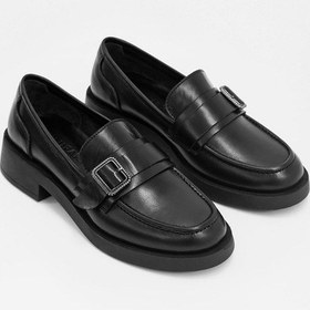 Resim Neva Siyah Hakiki Deri Gümüş Tokalı Kadın Loafer Siyah 