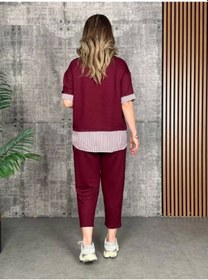 Resim Defymoda Kadın Modal Kumaş Çizgili Gömlek Yaka Ikili Takım Kırmızı 