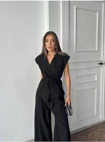 Resim Rawea Yelekli Pantolonlu Bağlamalı Takım - Viskon & Geniş Paça Siyah 