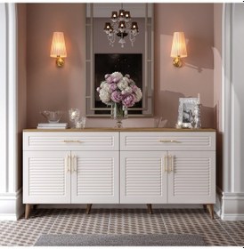 Resim Panjurlu Mdf Membran Kapaklı 4 Kapaklı 2 Çekmeceli Konsol 180 Cm Modern Aytaşı Ceviz Ceviz - Ekru 