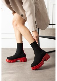 Resim Shoetek Darve Kadın Bot Triko Dokumalı Lacivert Tabanlı Kırmızı Kırmızı 
