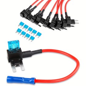 Resim 10 parçalık Otomotiv Kablolama için TAP Adaptör Seti, 16AWG Kablolar, Mavi Dairesel Terminal, 18cm Uzunluk ve 10 Mavi MBF-1-15A Sigorta içerir, Araba, Kamyon, SUV, ATV, Arazi Aracı ve RV Devre Değişikliği ve Koruması için Mükemmeldir 