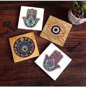 Resim Nazar, Fatma Ana Eli (Hamsa) Taş Bardak Altlığı Seti - 4 Parça - Dekoratif, Rustik Mutfak Aksesuarı, 10x10 cm, Kaydırmaz Tabanlı, Şık ve Dayanıklı SC511 