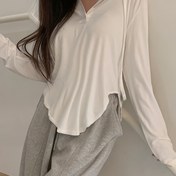 Resim Kadınlar İçin Kavisli Etek Ucu ve Bağcıklı Kapüşonlu T-Shirt, Uzun Kollu Örgü Polyester Üst, Düşük Omuz, Düğme Detaylı, Tüm Sezon Giyim 