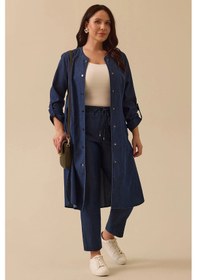 Resim Galaxi Kadın Büyük Beden Cepli Katlanabilir Kollu Jean Tunik 4005 Indigo Indigo 