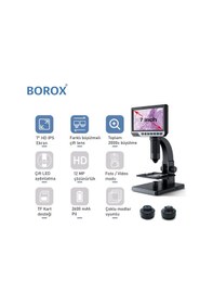 Resim Borox Lab Dijital Mikroskop Çift Lens 2000x Büyütme 7'' 12 Mp 