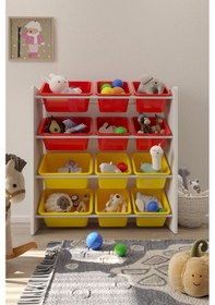 Resim 12 Sepetli Çok Amaçlı Oyuncak Dolabı Montessori Dolap Kırmızısarı Kırmızı - Sarı 