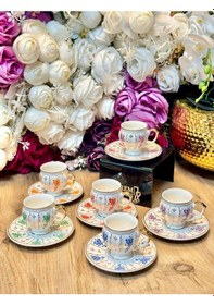 Resim Mien Vintage 90 Ml Porselen Türk Kahvesi Fincanı Takımı 6 Kişilik Desenli Kahve Fincan Seti Beyaz 