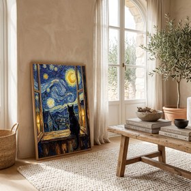 Resim Black Cat Window Print - Van Gogh Starry Night Cozy Cottage Wall Art - With Hanger - Black / 16 x 20" (40x50 cm) 