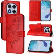 Resim Xiaomi Redmi Note 14 Pro+ 5g/ Note 14 Pro 5g/ Poco X7 5g Bilek Kayışlı Cüzdan Kılıf Kelebek Baskı Deri Telefon Kılıfı - Kırmızı Kirmizi 