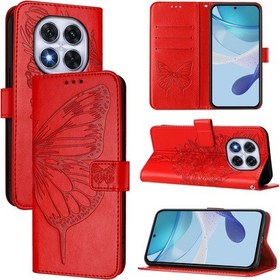 Resim Xiaomi Redmi Note 14 Pro+ 5g/ Note 14 Pro 5g/ Poco X7 5g Bilek Kayışlı Cüzdan Kılıf Kelebek Baskı Deri Telefon Kılıfı - Kırmızı Kirmizi 