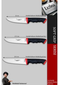 Resim Lazbisa Mtf-052 Soft Grip Mutfak Bıçak Seti Et Ekmek Sebze Bıçağı 3 Lü Set Günlük Kullanım Kırmızı - Siyah 