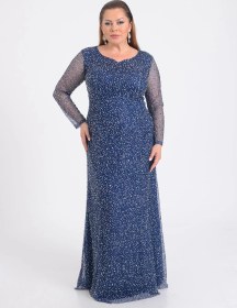 Resim Lilas Xxl Büyük Beden Glitter Baskı Lacivert Renkli Uzun Kollu Uzun Abiye Elbise Lacivert 