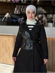 Resim Esre Store 44114 - Deri Detaylı Tesettür Kaban Siyah-A3 