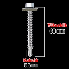 Resim Badem10 Trapez Çatı Vidası 5.5X60 mm Paket 100 Adet Matkap Uçlu Sac Akıllı Vida Çatı Panel Metal Ağaç Vidası 