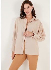 Resim Lela Pamuklu Oversize Dokuma Bayan Gömlek 6234760 Taş 