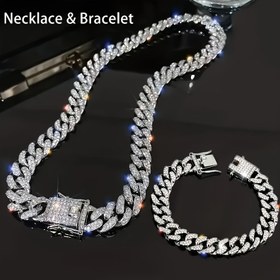 Resim 2 Parça Küba Zincir Kolye ve Bileklik Seti - Parlak, Yüksek Kaliteli Taşlı Hip-Hop Modası Erkek ve Kadın Takı Seti - Anneler Günü ve Noel Hediyesi 