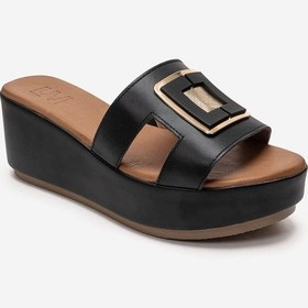 Resim Luvishoes Hıola Siyah Hakiki Deri Tokalı Kadın Dolgu Topuklu Terlik 