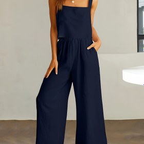 Resim Kadınların Mavi Renkli İki Parçalı Rahat Salon Seti - Kolsuz Kare Yaka Kırpma Üst ve Geniş Bacaklı Pantolon, Polyester, Bahar/Yaz için Mükemmel, Rahat Kesim, Rahat Kıyafet|Rahat Tarz|Polyester Kumaş 