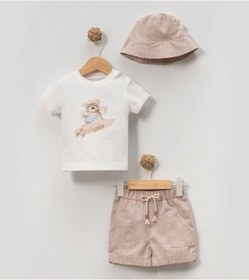 Resim Yazlık Sörfçü Baskılı Bucket Şapkalı Bebe Erkek 2'li Takım Bej 