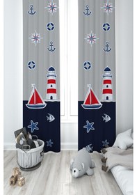 Resim Mekta Home Bebek Ve Çocuk Odası Denizci Desenli Lacivert Gri 2 Kanat Fon Perde 