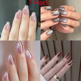 Resim 114 Adet Düz Renkli Kedi Gözü Kısa Takılabilir Tırnaklar, Moda Basit Çeşitli Renklerde Sahte Tırnaklar Jöle Yapıştırıcı ve Tırnak Törpüsü ile, Kadınların Günlük Kullanımı ve Partiler için Uygun 