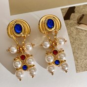 Resim Vintage Kraliyet Stil Geometrik Sarkıt Küpeler, Suni İnci ve Yapay Elmas Aksanları, 14K Altın Kaplama Çinko Alaşımı, Paslanmaz Çelik Direkler, Kadınlar İçin - Günlük Giyim ve Ziyafetler İçin Zarif Damla Küpeler 
