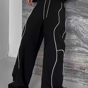 Resim Erkek Siyah ve Beyaz Renk Bloklu Spor Pantolonu - Bol Kesim, Polyester, Makine Yıkanabilir, Sokak Stili, İlkbahar ve Sonbahar için Esnek Olmayan Kumaş 