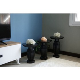 Resim Siyah 3'lü Çizgili Vazo Yan Sehpa Siyah 